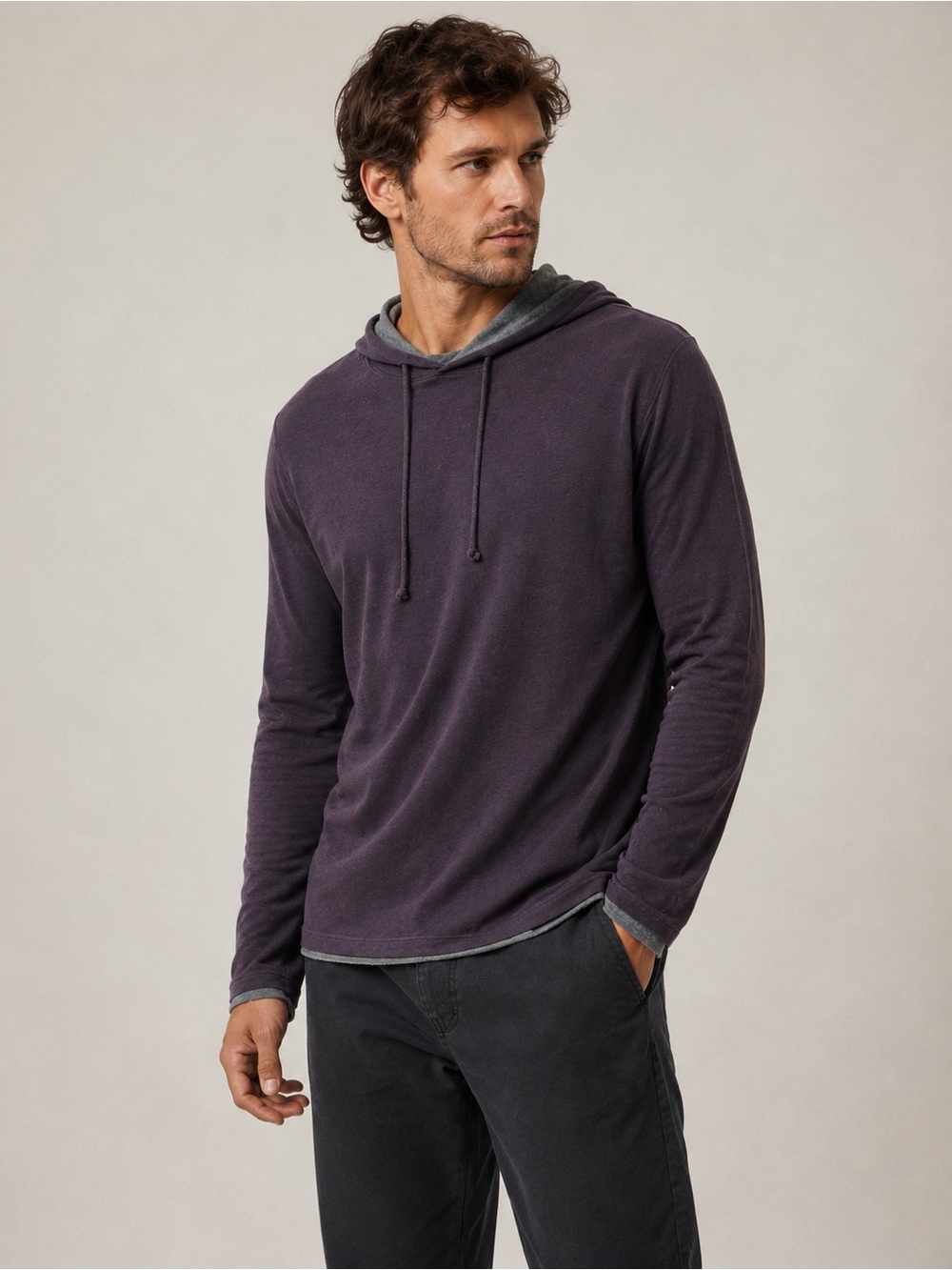 Vince Double Layer Pima Cotton Hoodie Size L Purple Gray Two Tone Pullover Mens